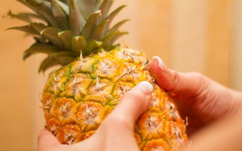 Dứa chín tự nhiên có màu vàng tươi, dùng tay bóp nhẹ thì thấy hơi mềm